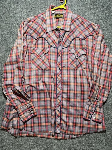 Tem Tex Western Shirt Vintage Embroidered Mens Plaid Pearl Snap 18/35